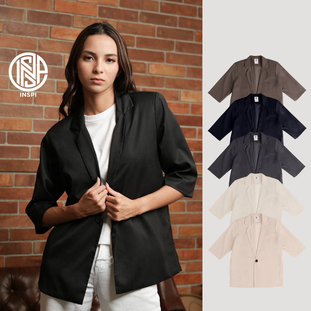 INSPI Coat Blazer Ivory For Women Half Sleeve Plain Cardigan Jacket with Button Korean Coats Tops for Men
