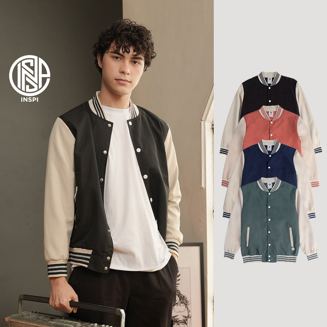 INSPI Varsity Jacket Black For Men and Women with Buttons and Pockets Korean Bomber Baseball Jersey Line