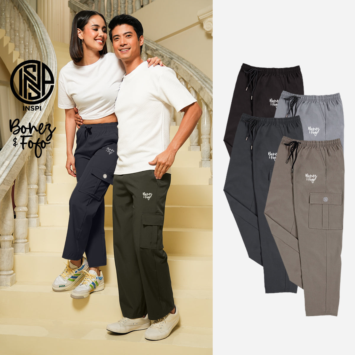 INSPI x Bonez & Fofo Cargo Pants For Men and Women with Side Pocket & Drawstring High Waist Trouser Plain Straight Cut Pant