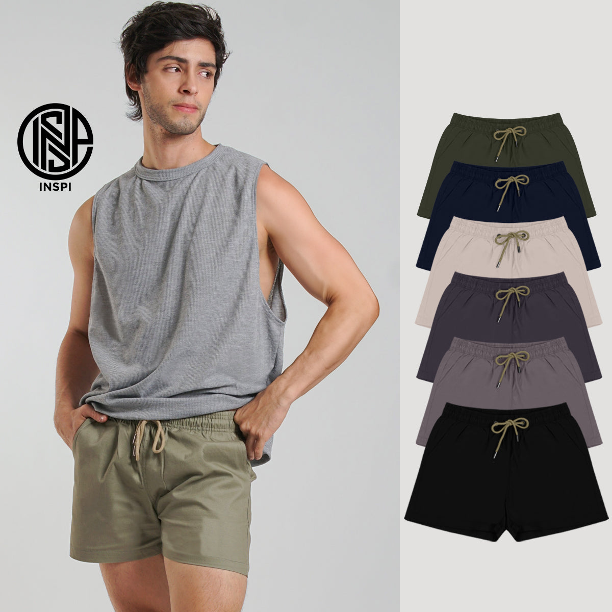INSPI Twill Shorts Light Khaki for Men with Side Pockets Drawstring Korean Above the Knee Short for Women