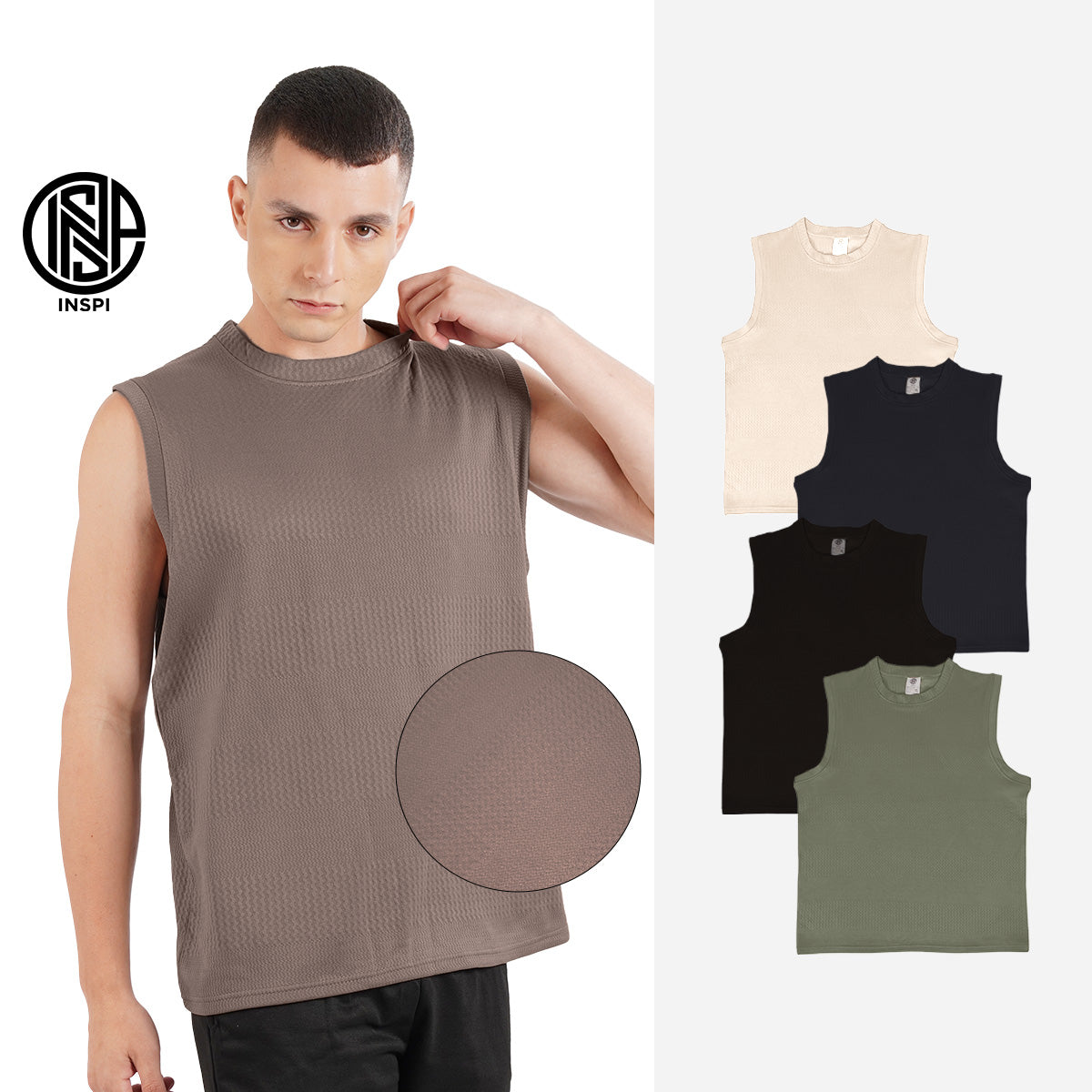 INSPI Textured Muscle Tee Collection For Men Sleeveless Striped Mocha Tank Top Sando For Women Gym Workout Clothes Exercise Outfit