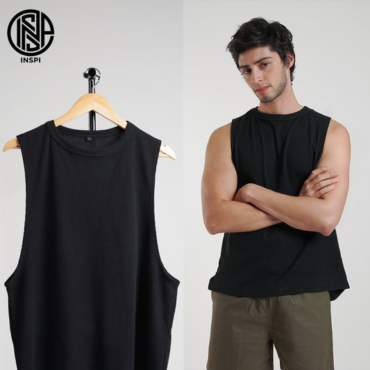 INSPI Waffle Muscle Tee Black Sando for Men Plain Sleeveless Tank Top Gym Workout Exercise Beach Outfit