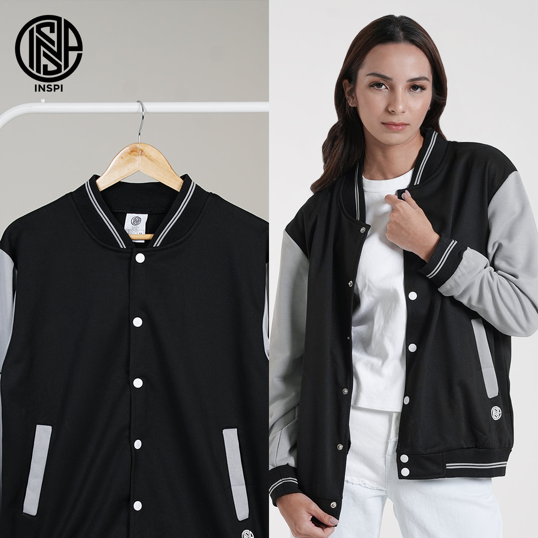 INSPI Varsity Jacket Baseball Black Jersey For Men and Women w/ Buttons and Pockets Korean Bomber Jackets