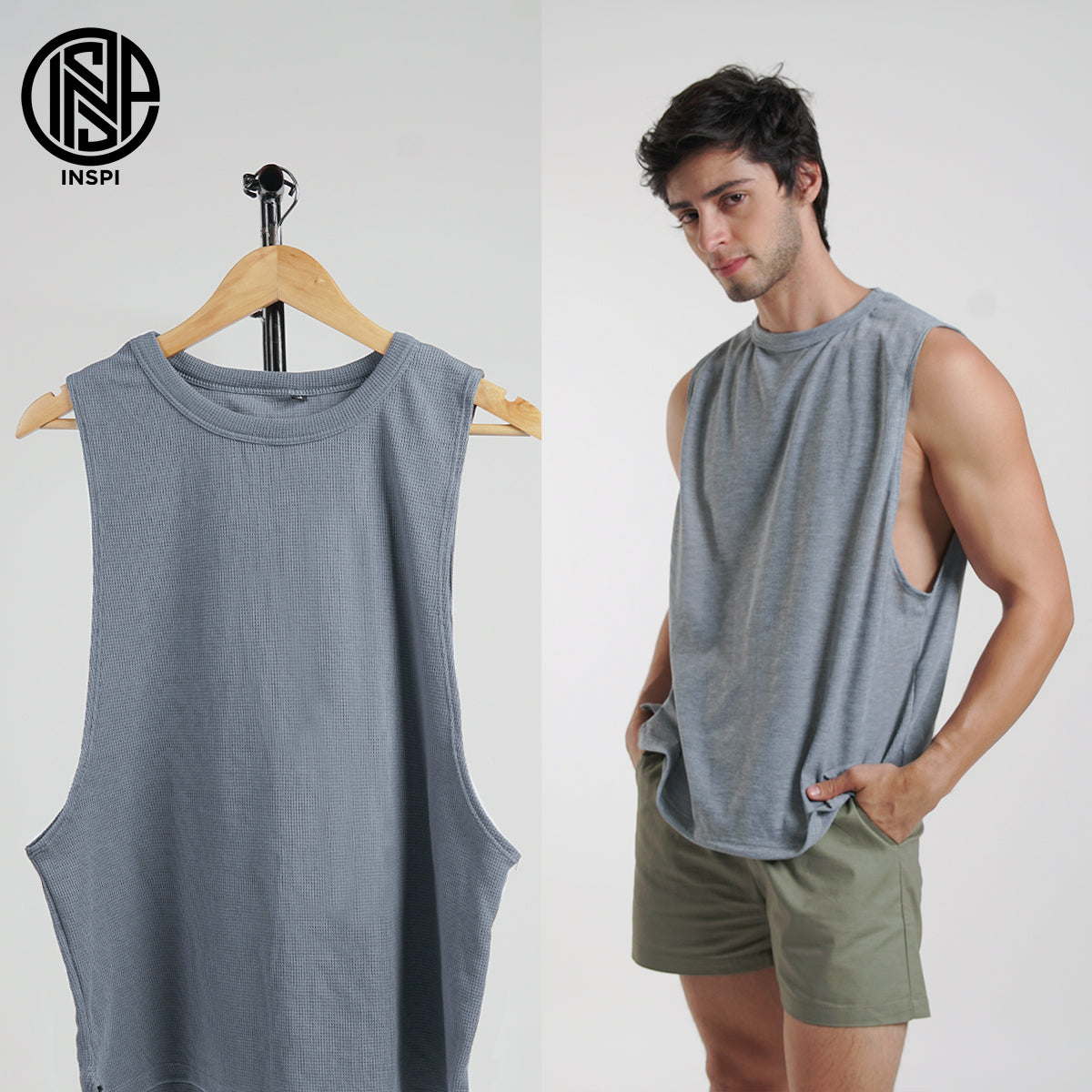 INSPI Waffle Muscle Tee Light Gray Sando for Men Plain Sleeveless Tank Top Gym Workout Exercise Beach Outfit