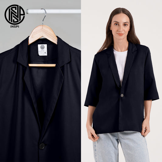 INSPI Coat Blazer Navy Blue For Women Half Sleeve Plain Cardigan Jacket with Button Korean Coats Tops for Men