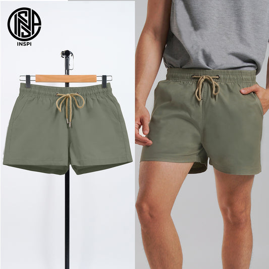 INSPI Twill Shorts Light Olive for Men with Side Pockets Drawstring Korean Above the Knee Short for Women