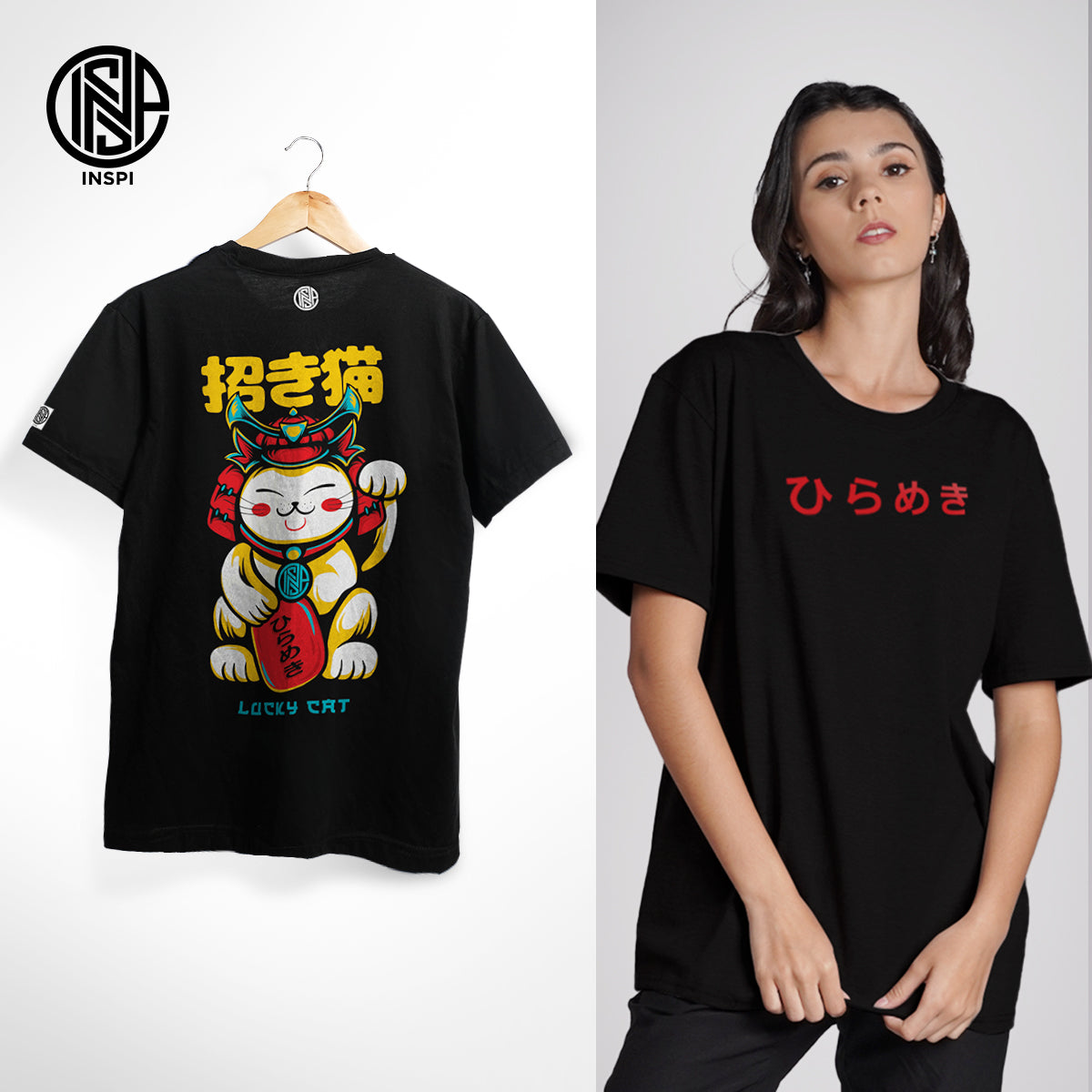 INSPI Minimal Oriental Japanese Lucky Cat T Shirt for Men Trendy Tops for Women Casual Printed Graphic Tee Collection Casual Tshirts