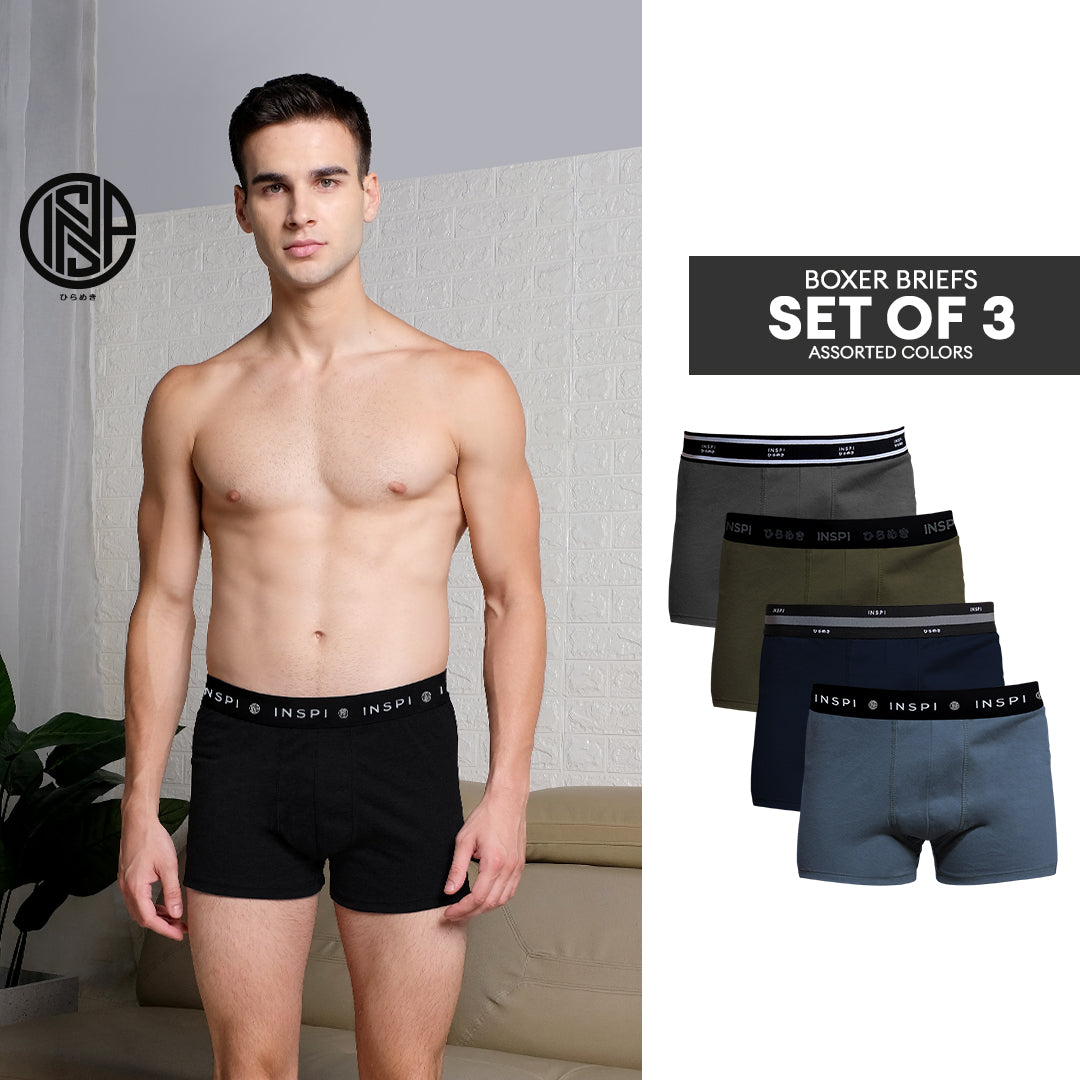 INSPI Basics 3pcs Set Boxer Brief for Man Assorted Colors Boxers Shorts Underwear for Men Black Gray Design 2