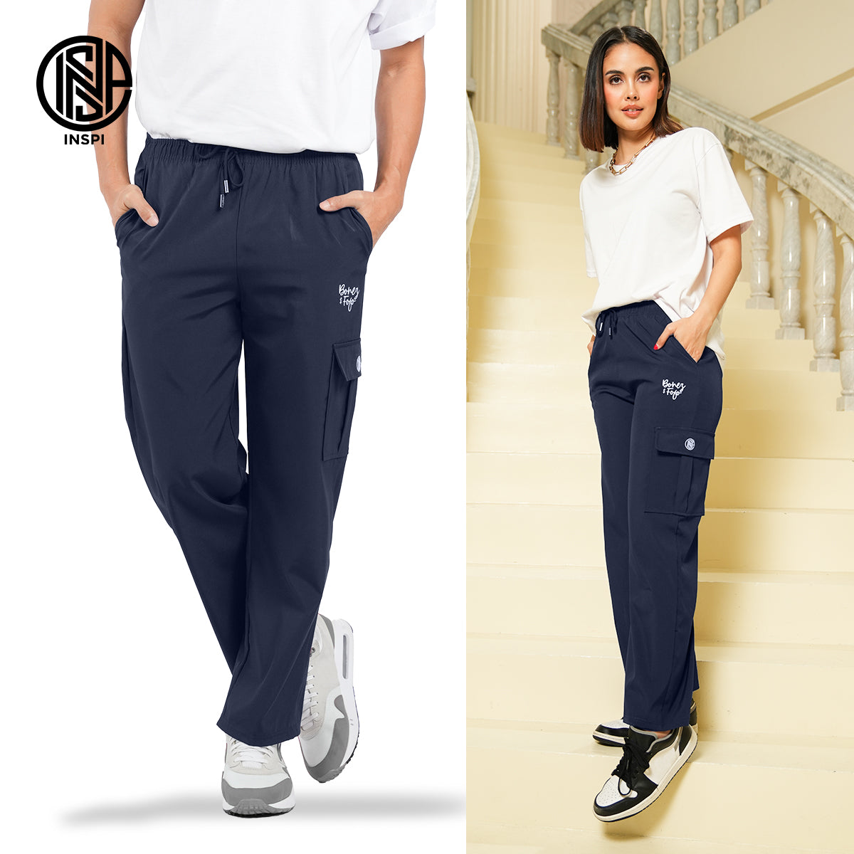 INSPI x Bonez & Fofo Cargo Pants For Men and Women with Side Pocket & Drawstring High Waist Trouser Plain Straight Cut Pant