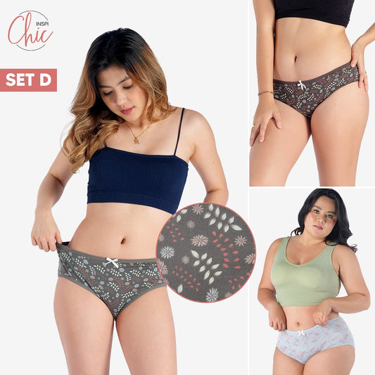 INSPI Chic 3pcs Panty for Women Plus Size or Regular Set Ribbon Printed or Plain Cotton Underwear for Woman Set D