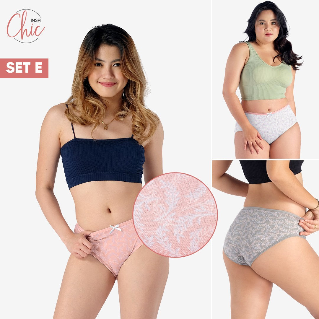 INSPI Chic 3pcs Panty for Women Plus Size or Regular Set Ribbon Printed or Plain Cotton Underwear for Woman Set E
