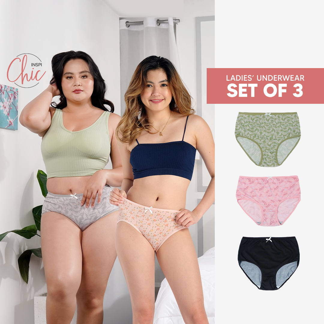 INSPI Chic 3pcs Panty for Women Plus Size or Regular Set Ribbon Printed or Plain Cotton Underwear for Woman Set A