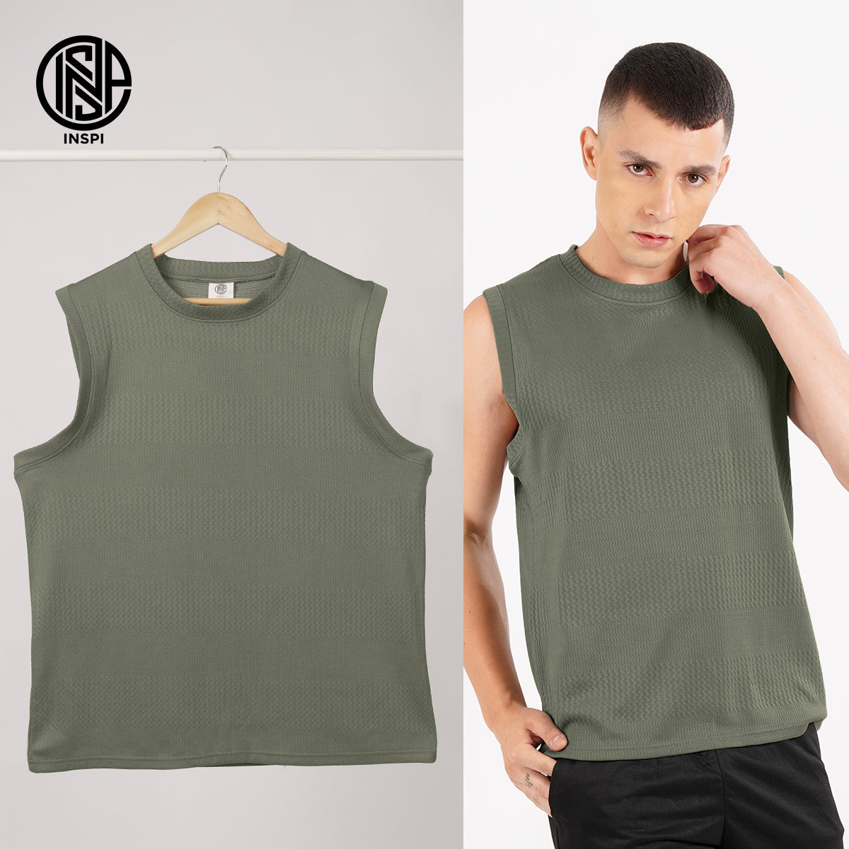 INSPI Textured Muscle Tee Collection For Men Sleeveless Striped Light Olive Tank Top Sando For Women Gym Workout Clothes Exercise Outfit