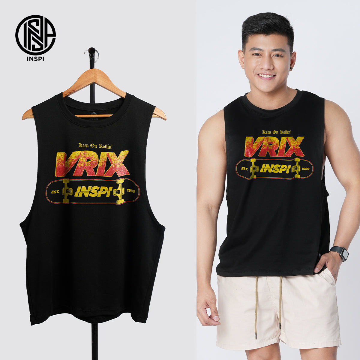 INSPI x Vrix Printed Muscle Tee Activewear Workout Gym Outfit.