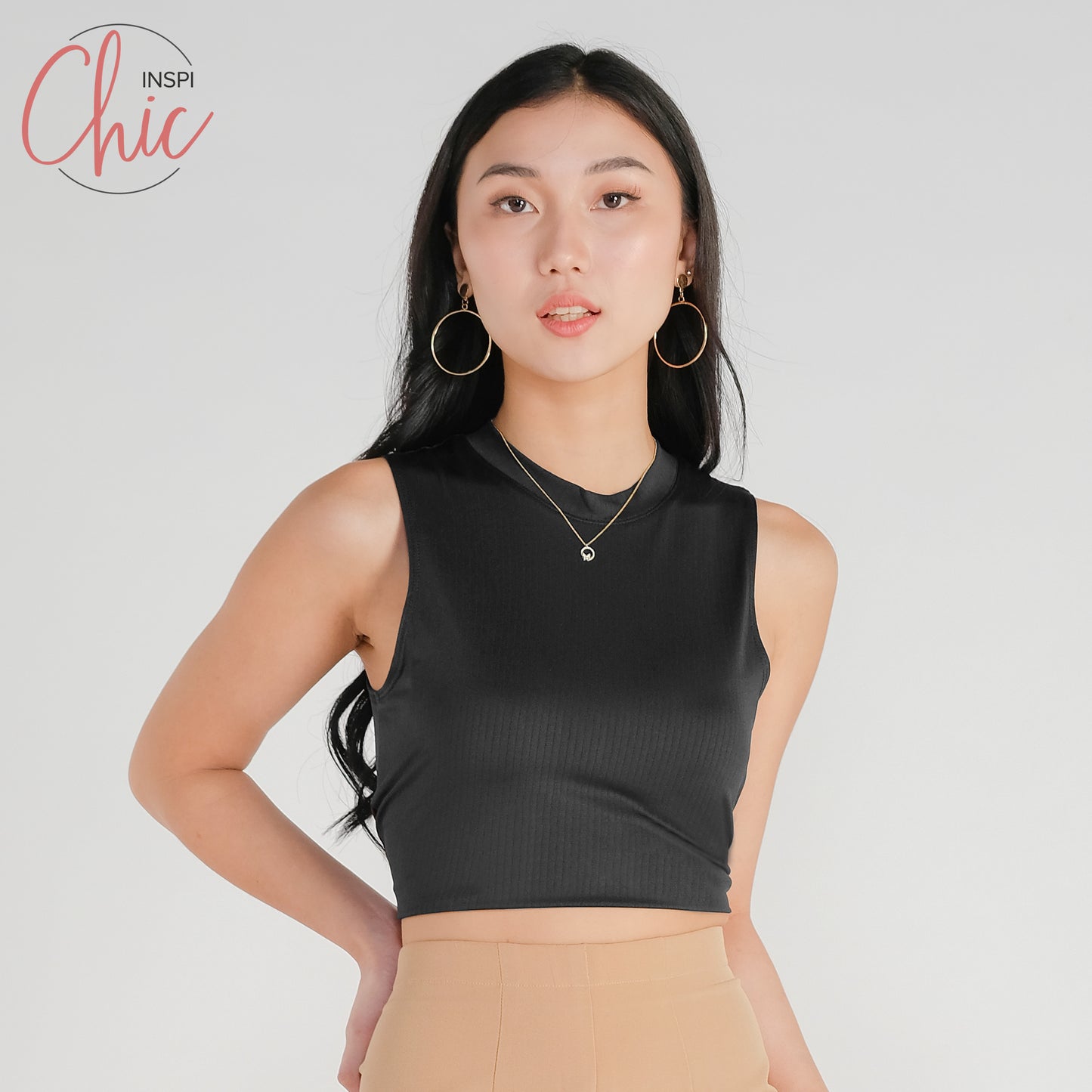 INSPI Chic Color Me Ribbed Close Neck Sleeveless Croptop Shirt for Women Sleeveless Top