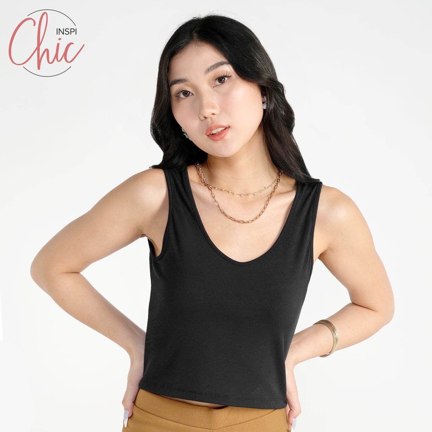INSPI Chic Trendy Curve Ribbed Deep V-Neck Trendy Top Shirt Sleeveless Top Long Sleeve for Women