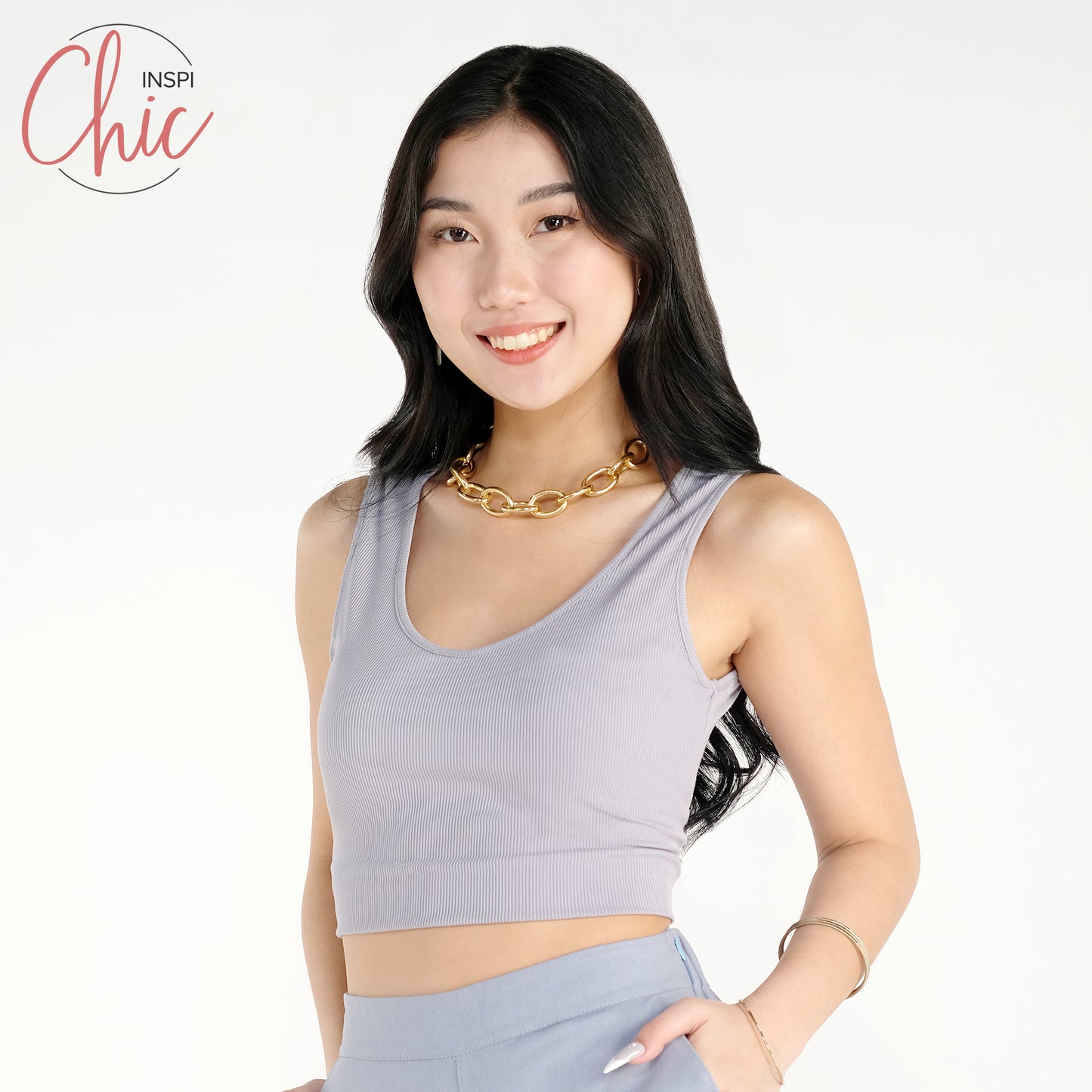 INSPI Chic Trendy Curve Ribbed Deep V-Neck Trendy Top Shirt Sleeveless Top Long Sleeve for Women